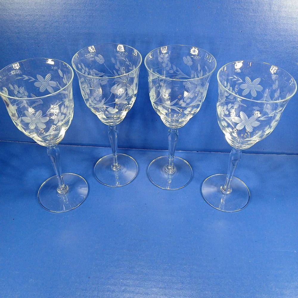 4 Cut Crystal Optic Wine/Water Goblet Wheel Cut 8" Tall Stemware